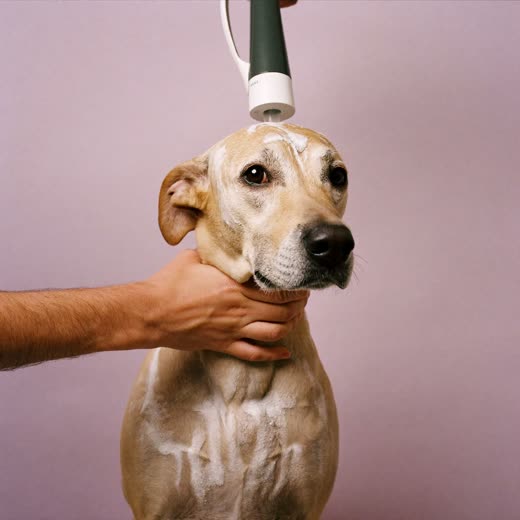 A dog being blow-dried and fluffed after its bath